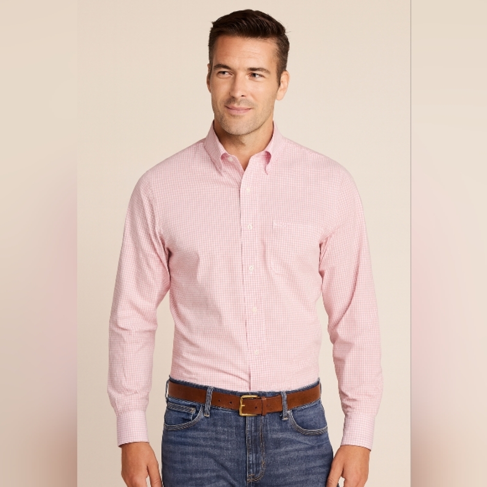 Izod Gingham Plaid 100% Cotton Button Down Collar Shirt Pink XL